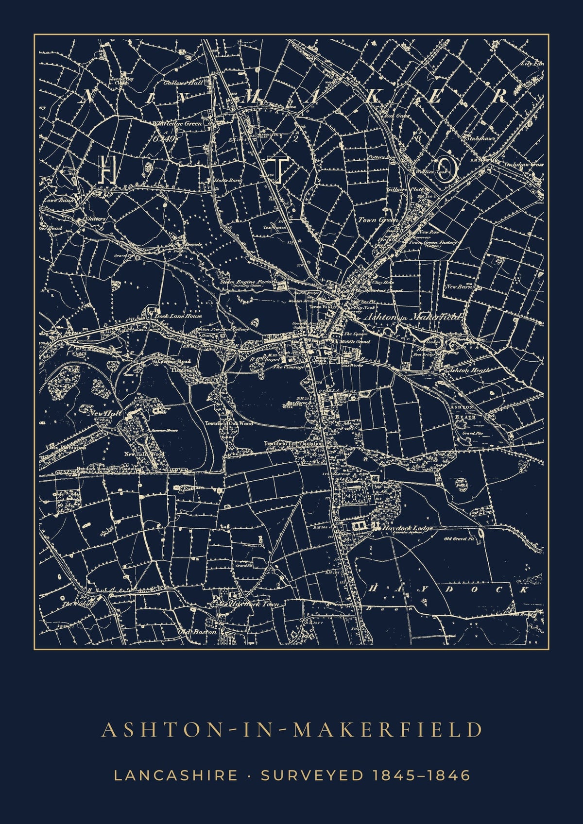 Ashton-in-Makerfield old Ordnance Survey map print, surveyed 1845–1846, Night Ink design
