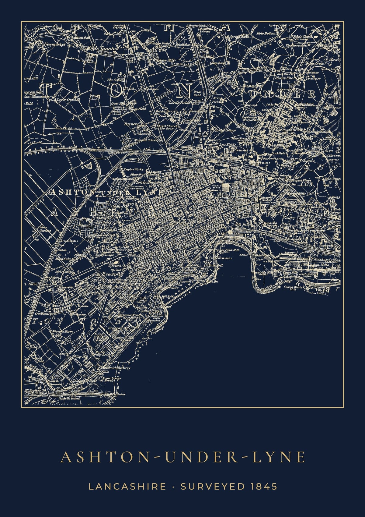 Ashton-under-Lyne old Ordnance Survey map print, surveyed 1845, Night Ink design