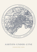 Ashton-under-Lyne old Ordnance Survey map print, surveyed 1845, Roundel design