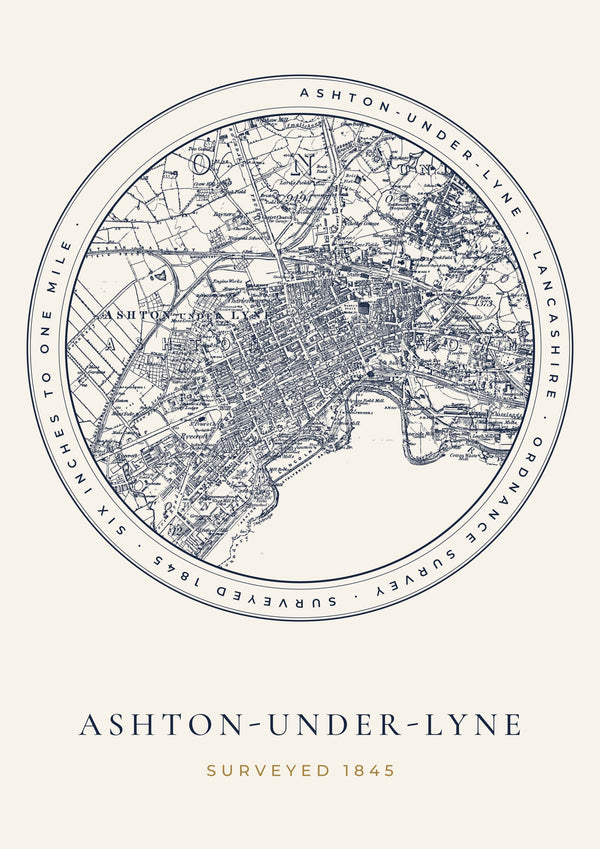 Ashton-under-Lyne in 1845 Old Map Print — Roundel