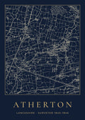 Atherton old Ordnance Survey map print, surveyed 1845–1846, Night Ink design