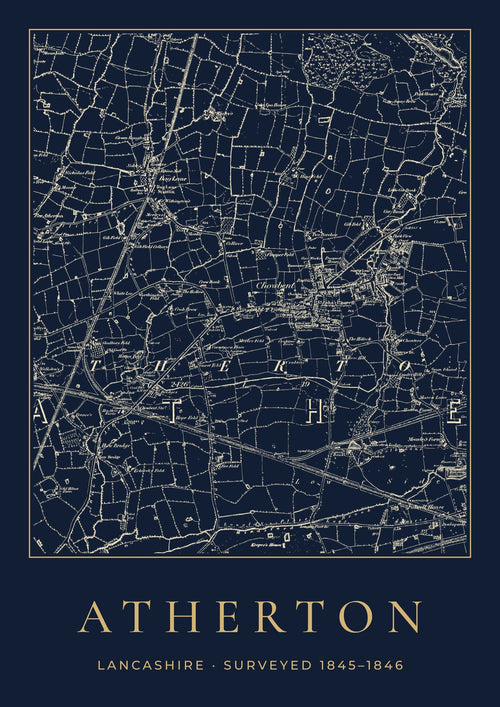 Atherton old Ordnance Survey map print, surveyed 1845–1846, Night Ink design