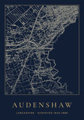 Audenshaw old Ordnance Survey map print, surveyed 1845–1880, Night Ink design