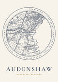 Audenshaw old Ordnance Survey map print, surveyed 1845–1880, Roundel design
