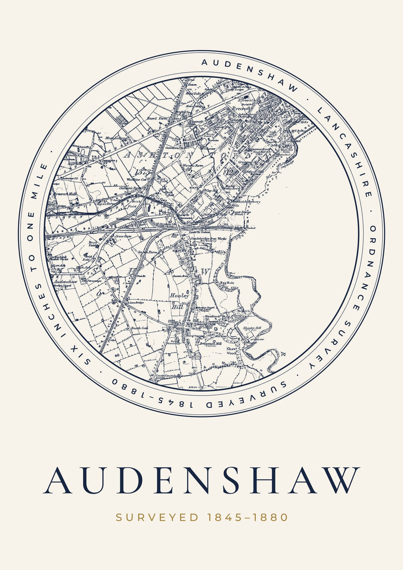 Audenshaw in 1880 Old Map Print — Roundel
