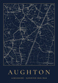 Aughton old Ordnance Survey map print, surveyed 1845–1846, Night Ink design