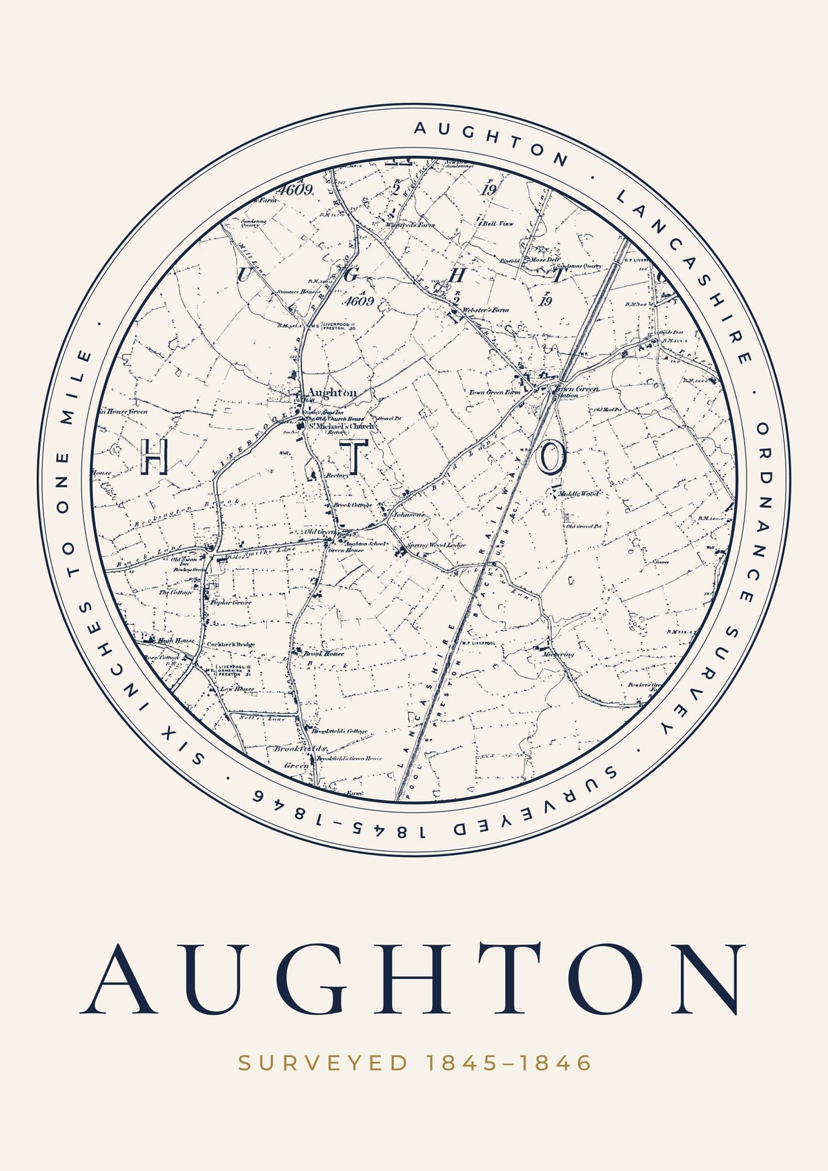 Aughton old Ordnance Survey map print, surveyed 1845–1846, Roundel design