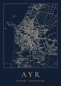 Ayr old Ordnance Survey map print, surveyed 1857, Night Ink design