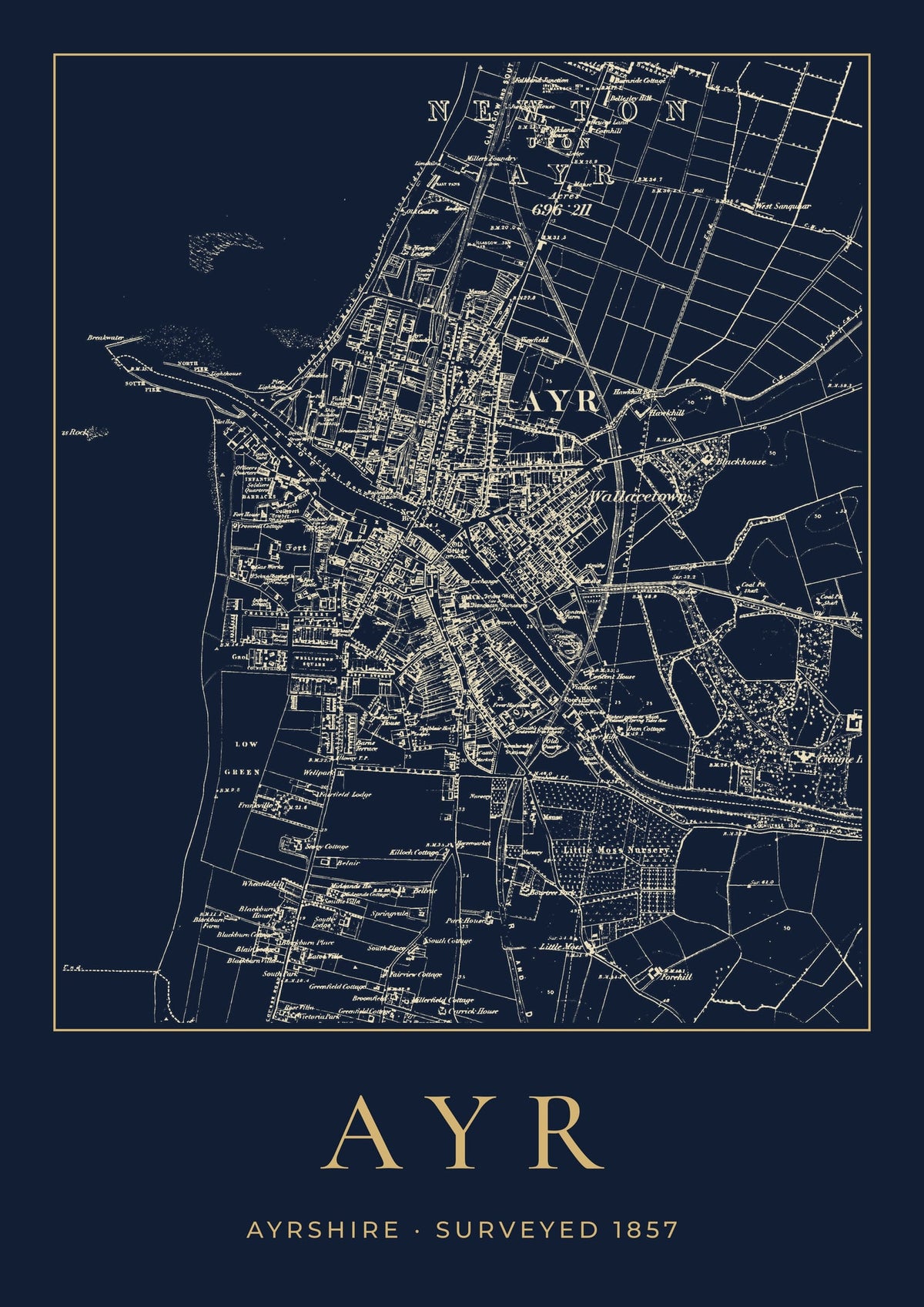 Ayr old Ordnance Survey map print, surveyed 1857, Night Ink design