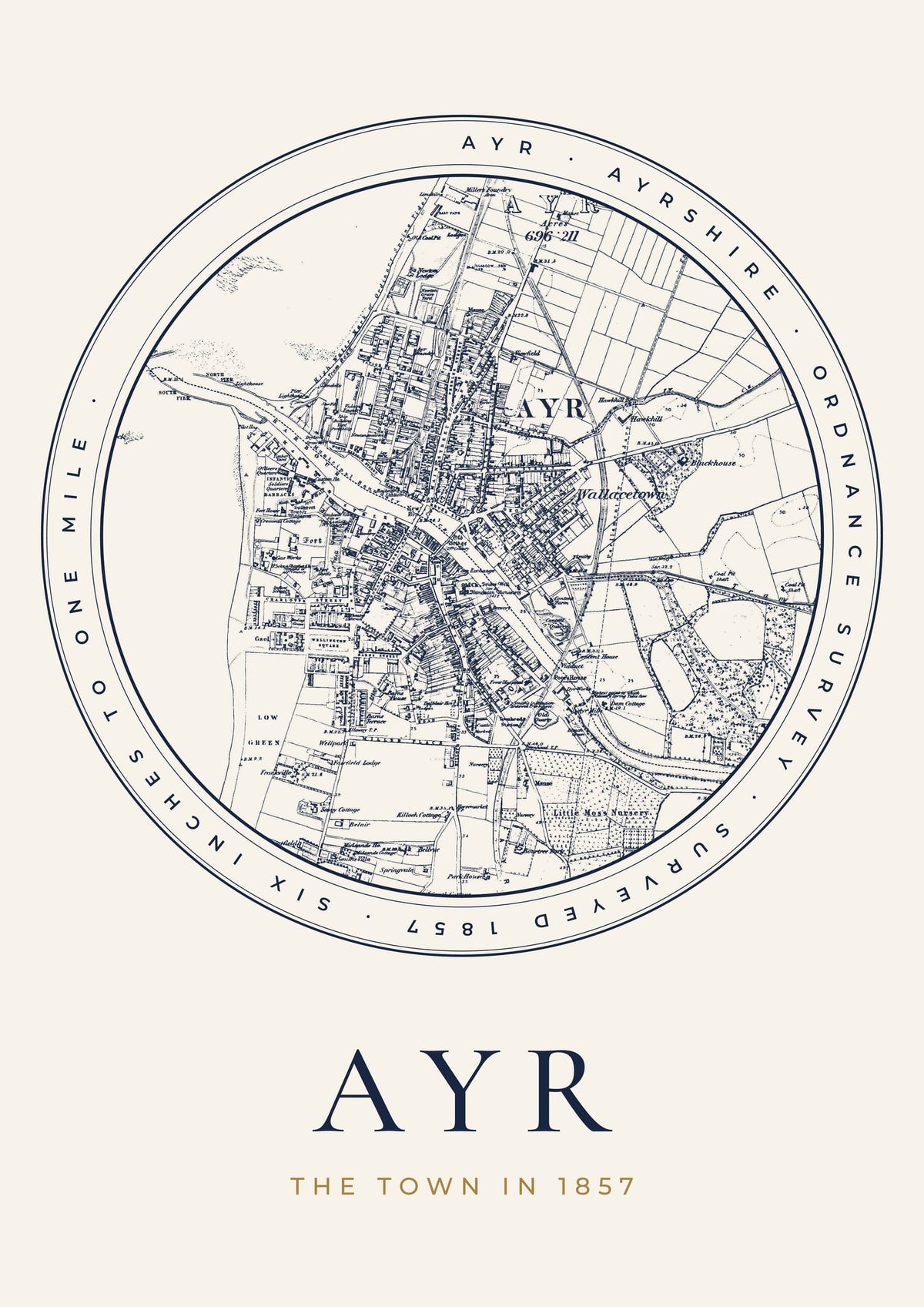 Ayr old Ordnance Survey map print, surveyed 1857, Roundel design