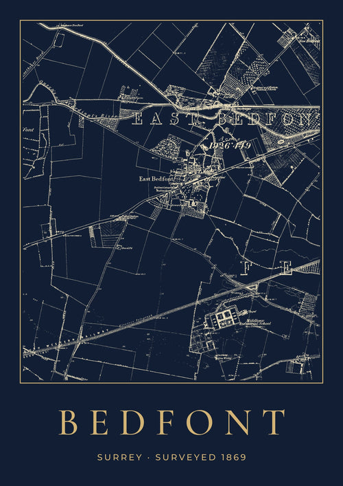 Bedfont old Ordnance Survey map print, surveyed 1869, Night Ink design