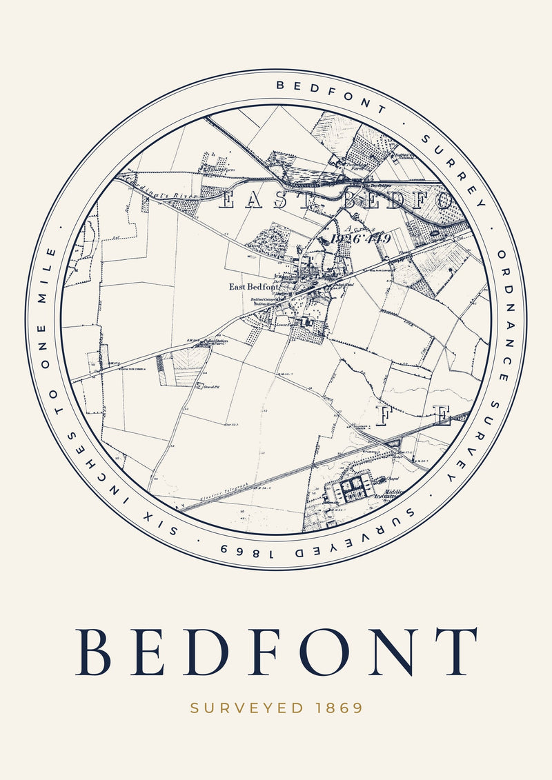 Bedfont in 1869 Old Map Print — Roundel