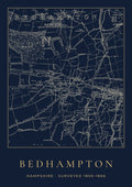 Bedhampton old Ordnance Survey map print, surveyed 1859–1866, Night Ink design