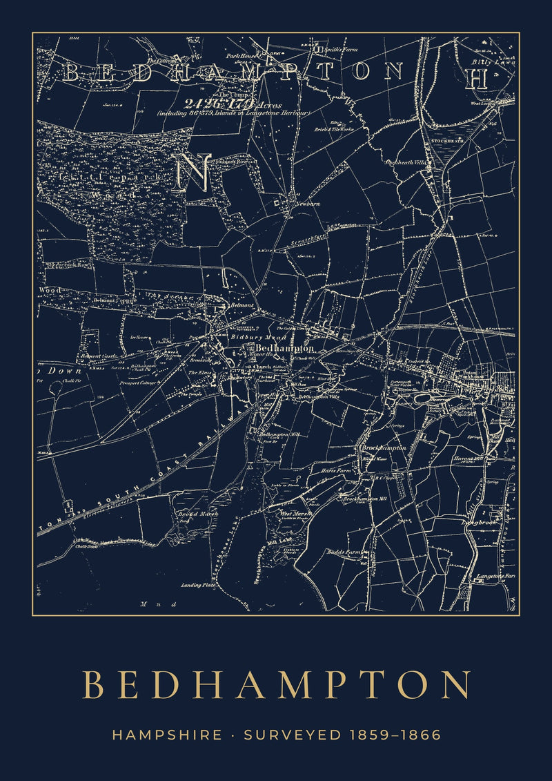 Bedhampton in 1866 Old Map Print — Night Ink