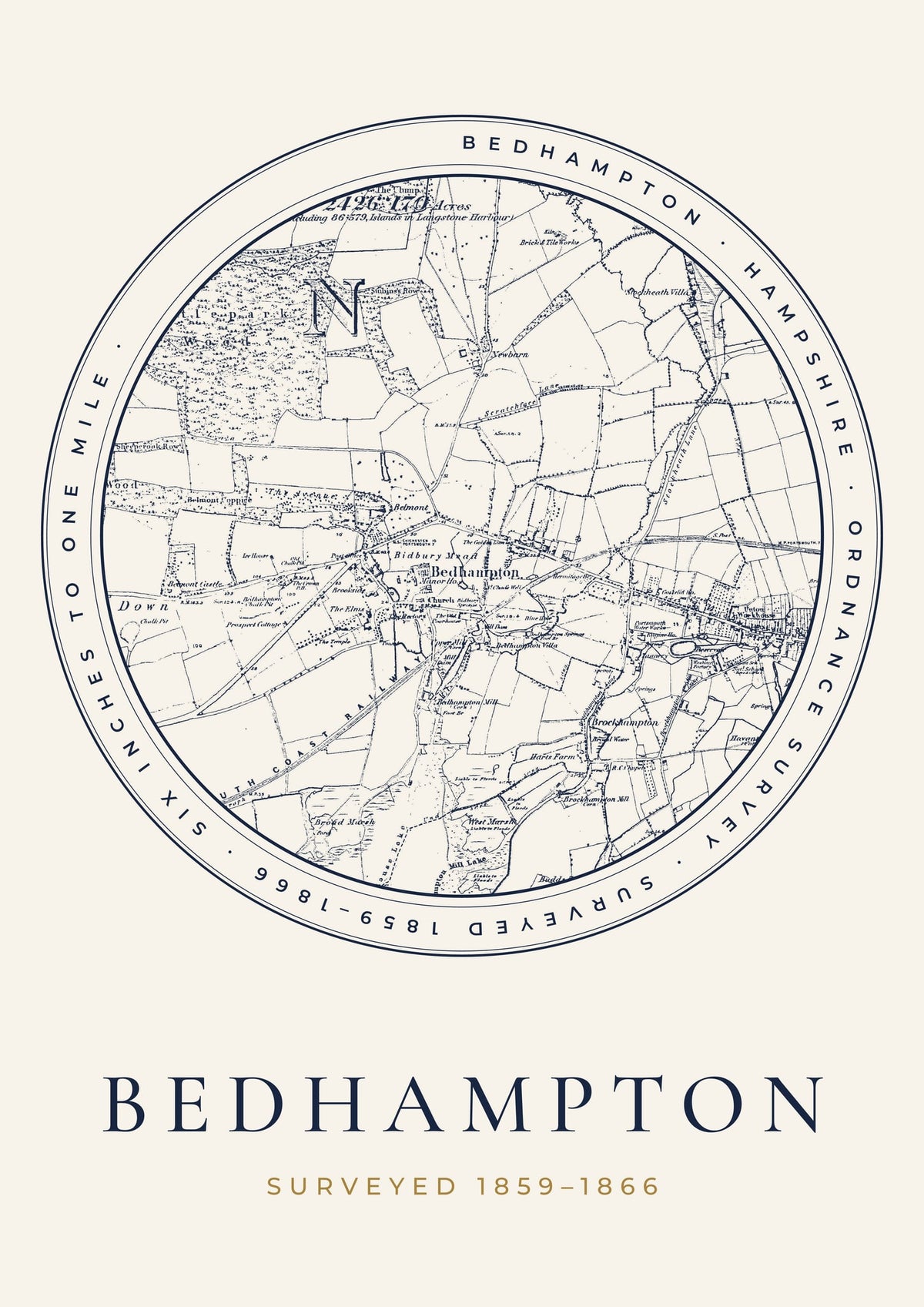 Bedhampton old Ordnance Survey map print, surveyed 1859–1866, Roundel design