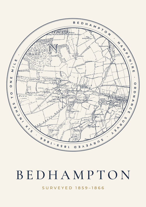 Bedhampton old Ordnance Survey map print, surveyed 1859–1866, Roundel design