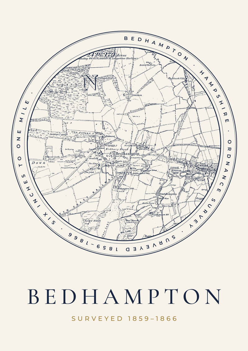 Bedhampton in 1866 Old Map Print — Roundel