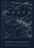 Bedlington old Ordnance Survey map print, surveyed 1858–1859, Night Ink design