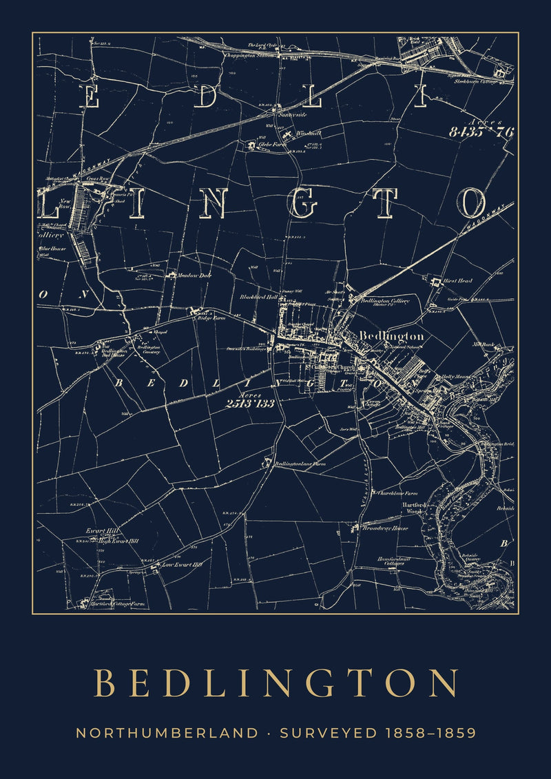 Bedlington in 1859 Old Map Print — Night Ink