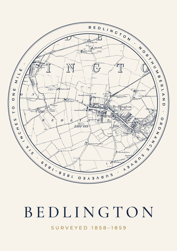 Bedlington in 1859 Old Map Print — Roundel