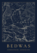 Bedwas old Ordnance Survey map print, surveyed 1875, Night Ink design