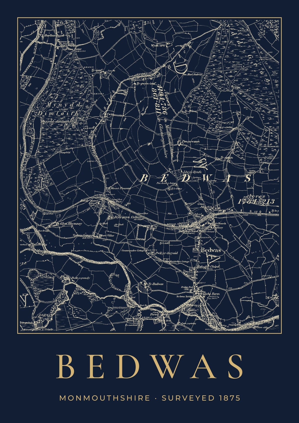 Bedwas old Ordnance Survey map print, surveyed 1875, Night Ink design