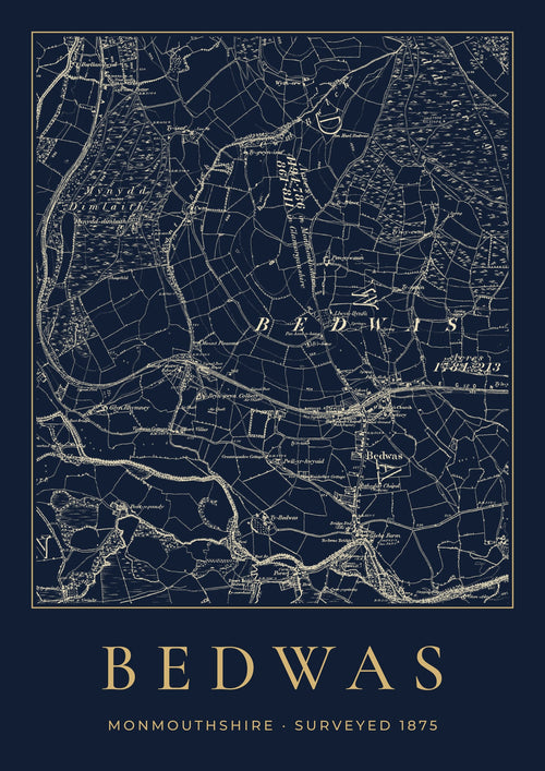 Bedwas old Ordnance Survey map print, surveyed 1875, Night Ink design