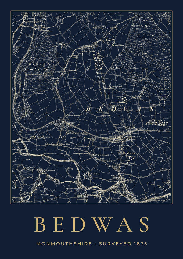 Bedwas in 1875 Old Map Print — Night Ink