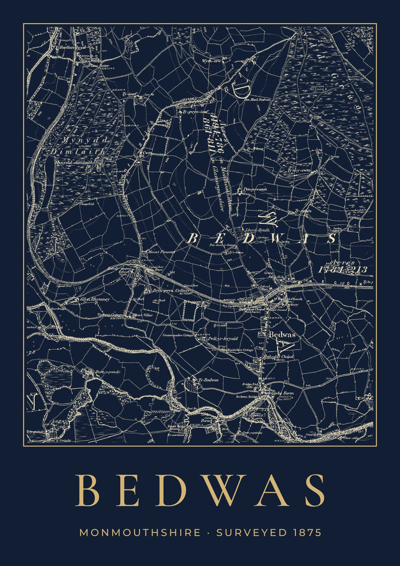 Bedwas in 1875 Old Map Print — Night Ink