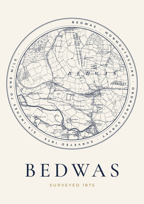 Bedwas old Ordnance Survey map print, surveyed 1875, Roundel design