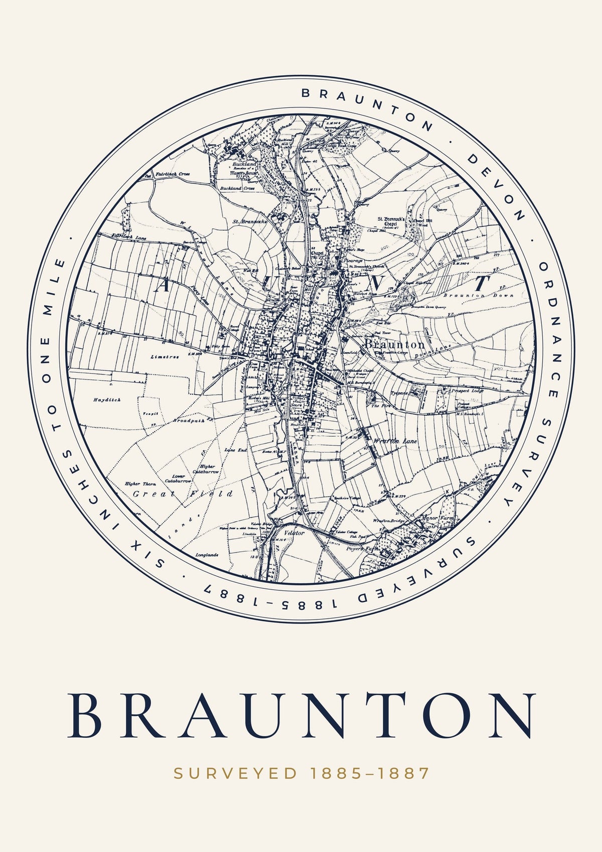 Braunton old Ordnance Survey map print, surveyed 1885–1887, Roundel design