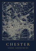 Chester old Ordnance Survey map print, surveyed 1869–1874, Night Ink design