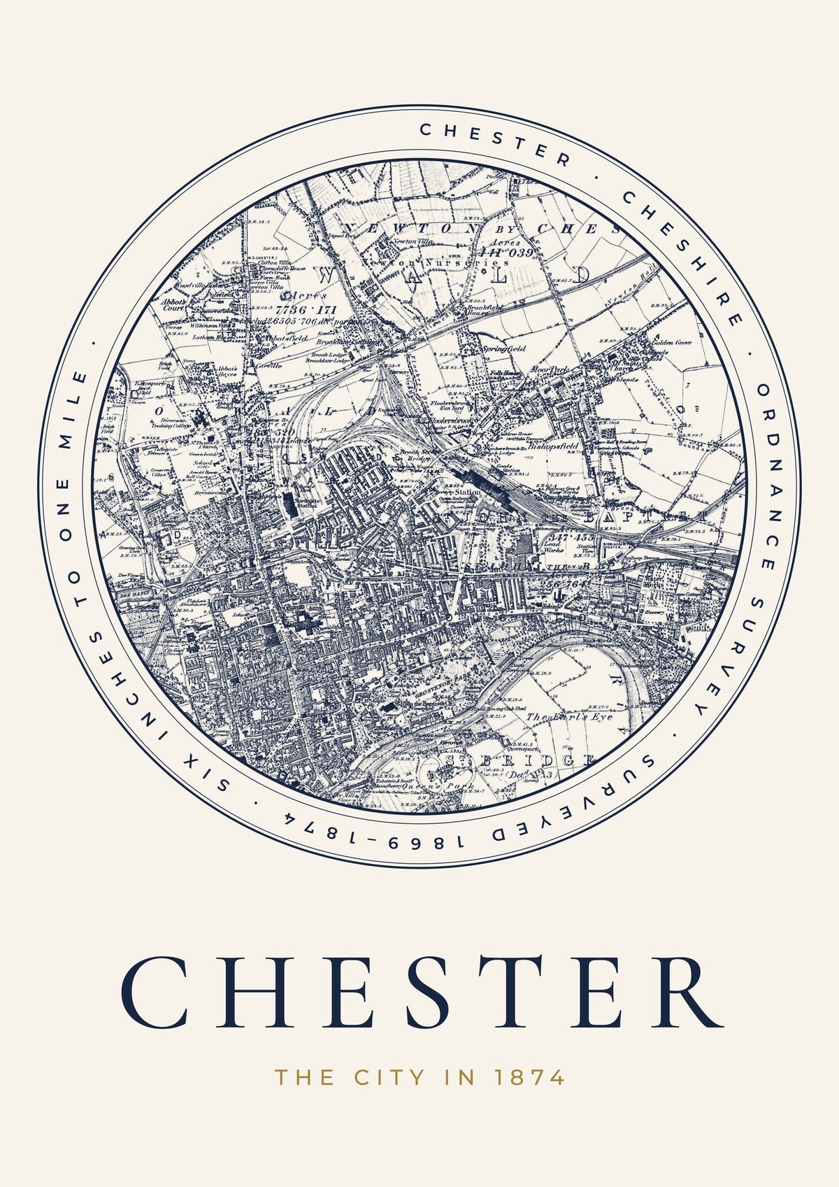 Chester old Ordnance Survey map print, surveyed 1869–1874, Roundel design