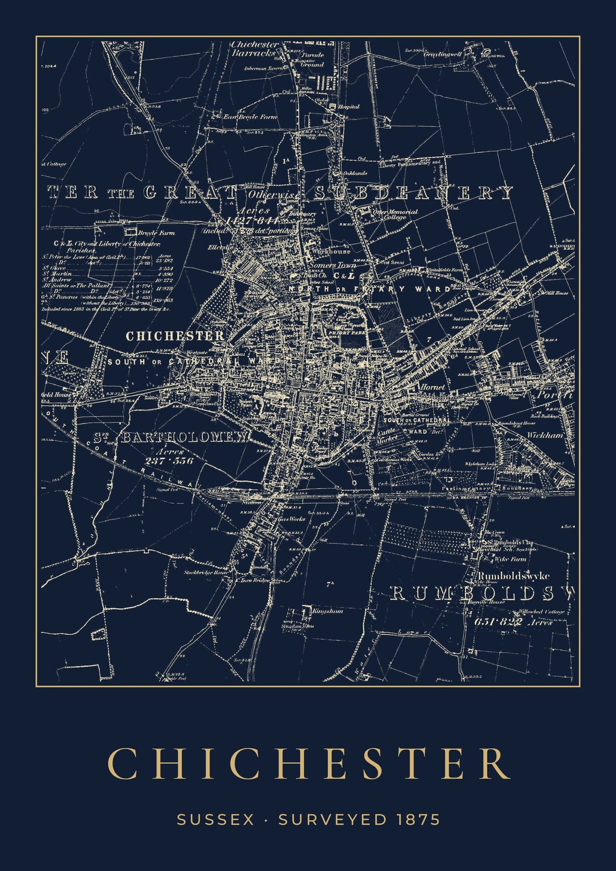 Chichester old Ordnance Survey map print, surveyed 1875, Night Ink design