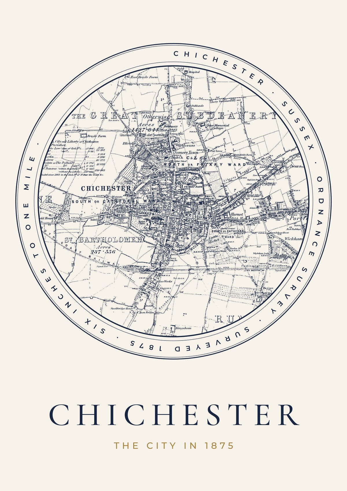 Chichester old Ordnance Survey map print, surveyed 1875, Roundel design