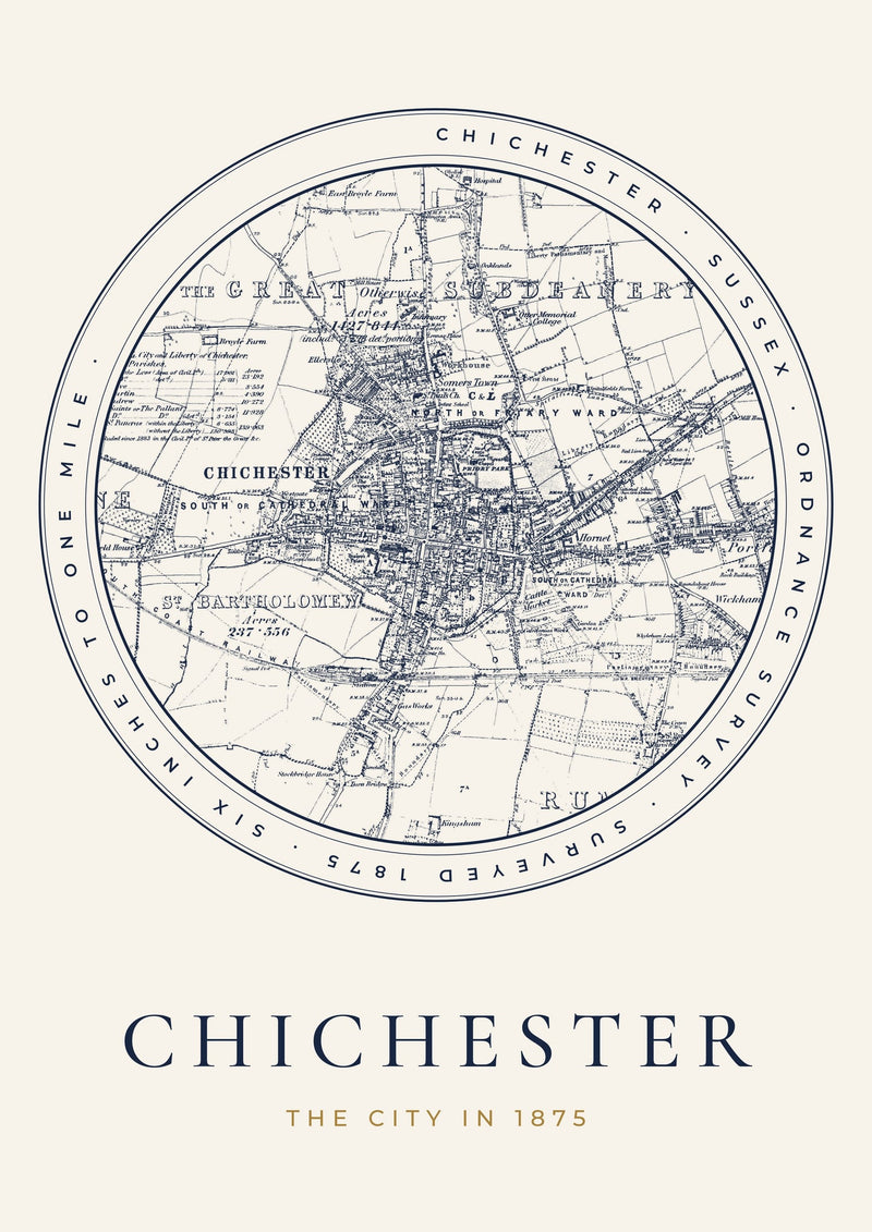 Chichester in 1875 Old Map Print — Roundel