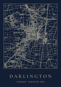 Darlington old Ordnance Survey map print, surveyed 1855, Night Ink design