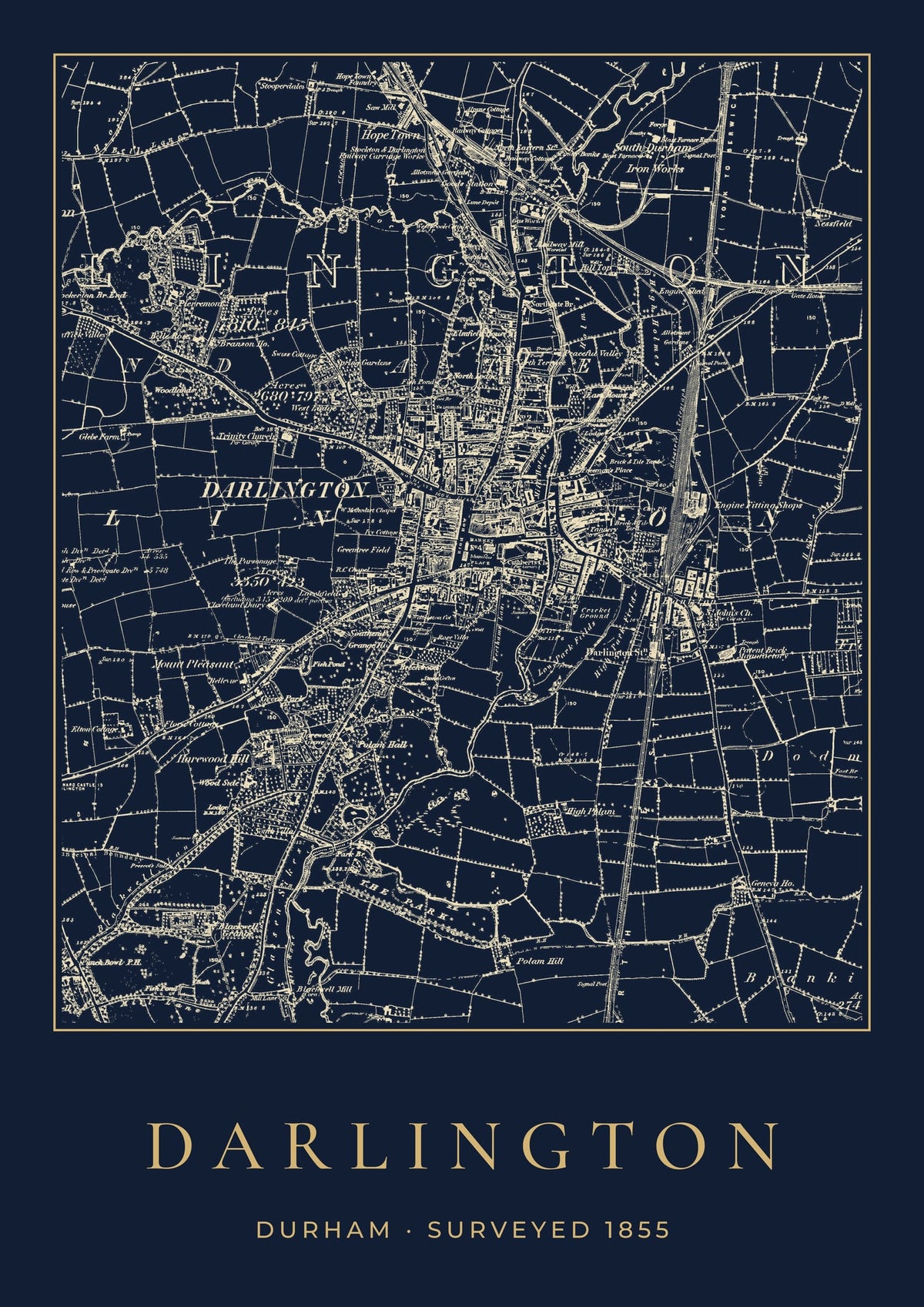 Darlington old Ordnance Survey map print, surveyed 1855, Night Ink design