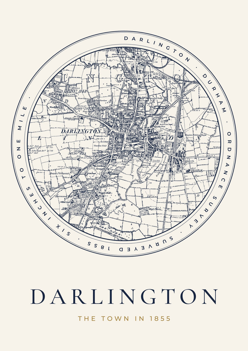 Darlington in 1855 Old Map Print — Roundel