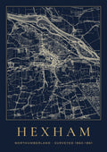 Hexham old Ordnance Survey map print, surveyed 1860–1861, Night Ink design