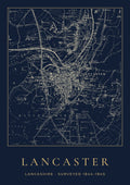 Lancaster old Ordnance Survey map print, surveyed 1844–1845, Night Ink design
