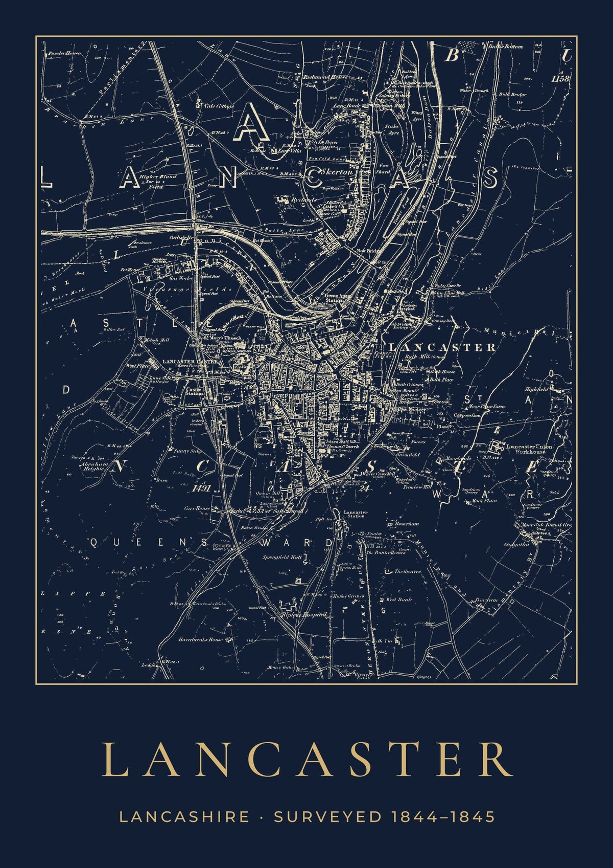 Lancaster old Ordnance Survey map print, surveyed 1844–1845, Night Ink design