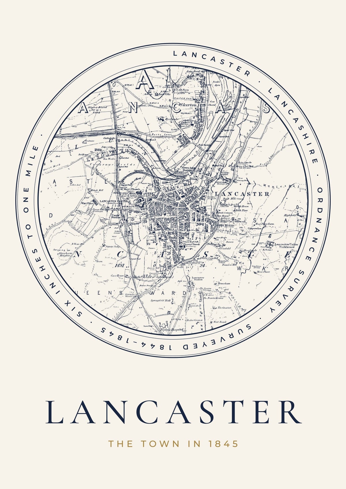 Lancaster old Ordnance Survey map print, surveyed 1844–1845, Roundel design