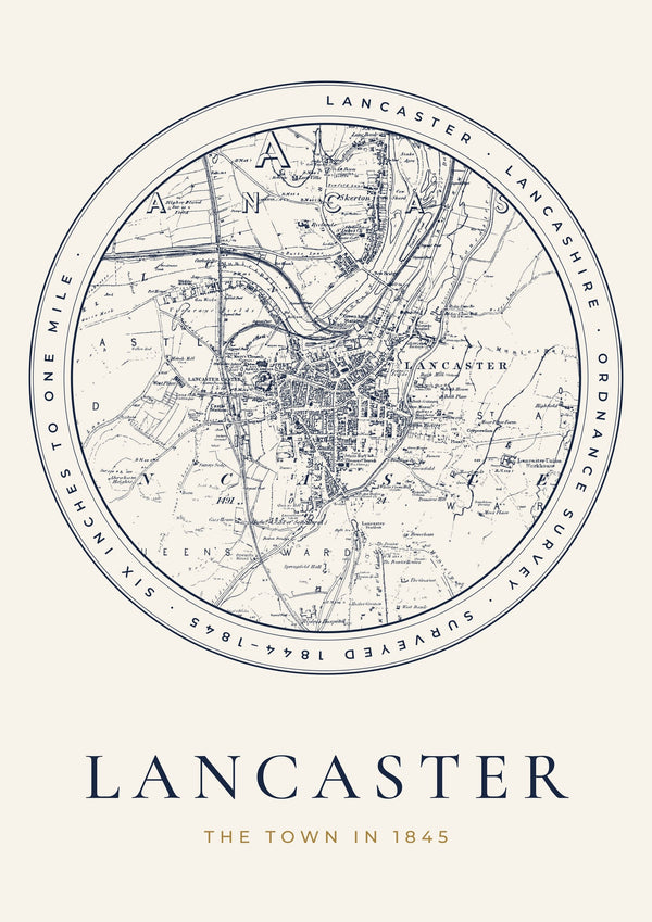 Lancaster in 1845 Old Map Print — Roundel