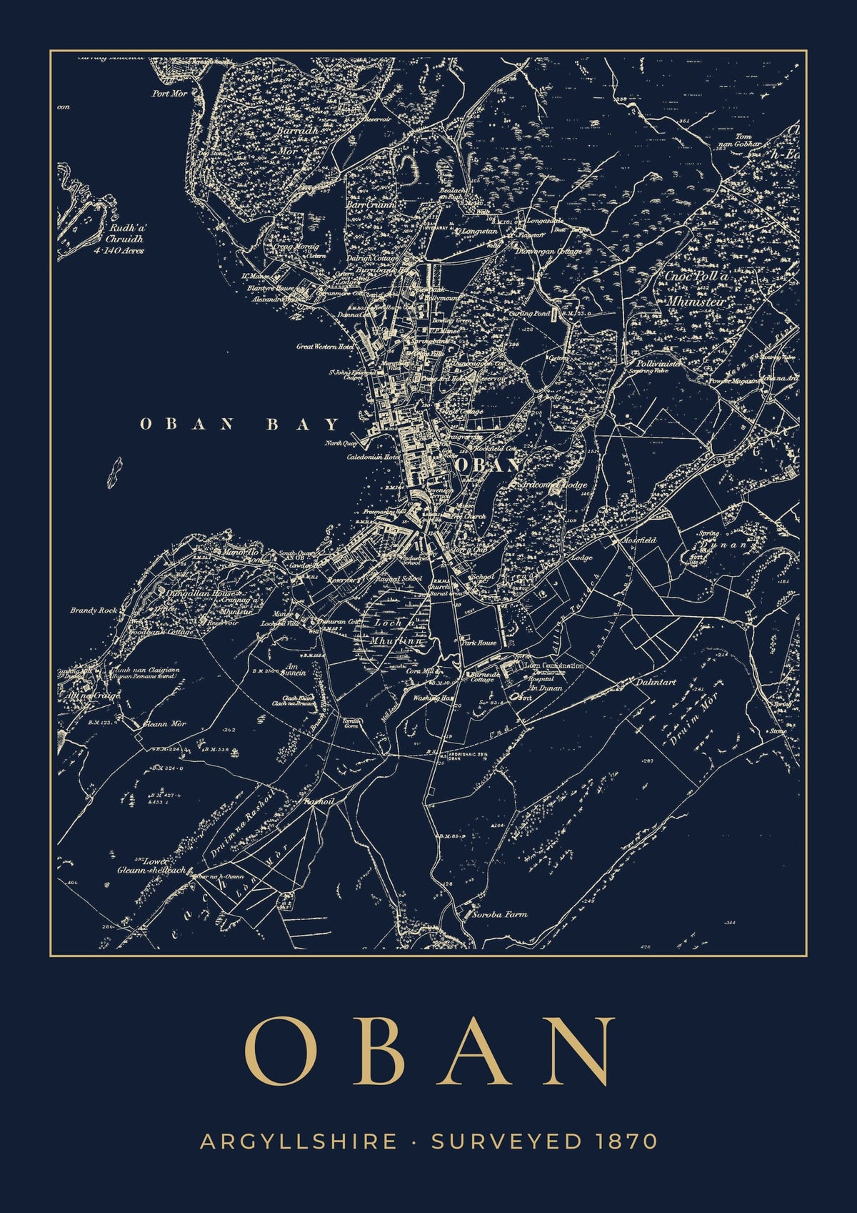 Oban old Ordnance Survey map print, surveyed 1870, Night Ink design