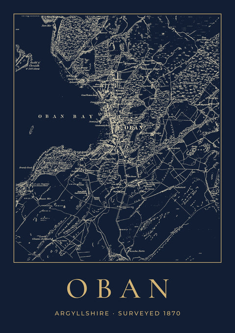 Oban in 1870 Old Map Print — Night Ink