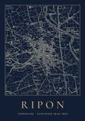 Ripon old Ordnance Survey map print, surveyed 1849–1853, Night Ink design