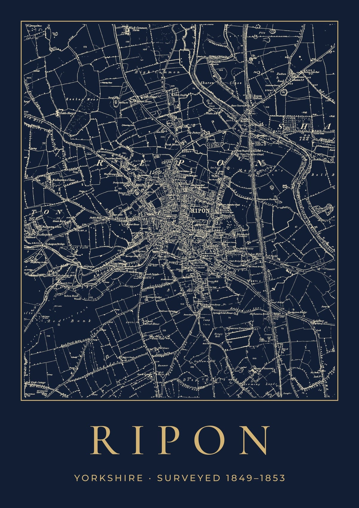 Ripon old Ordnance Survey map print, surveyed 1849–1853, Night Ink design