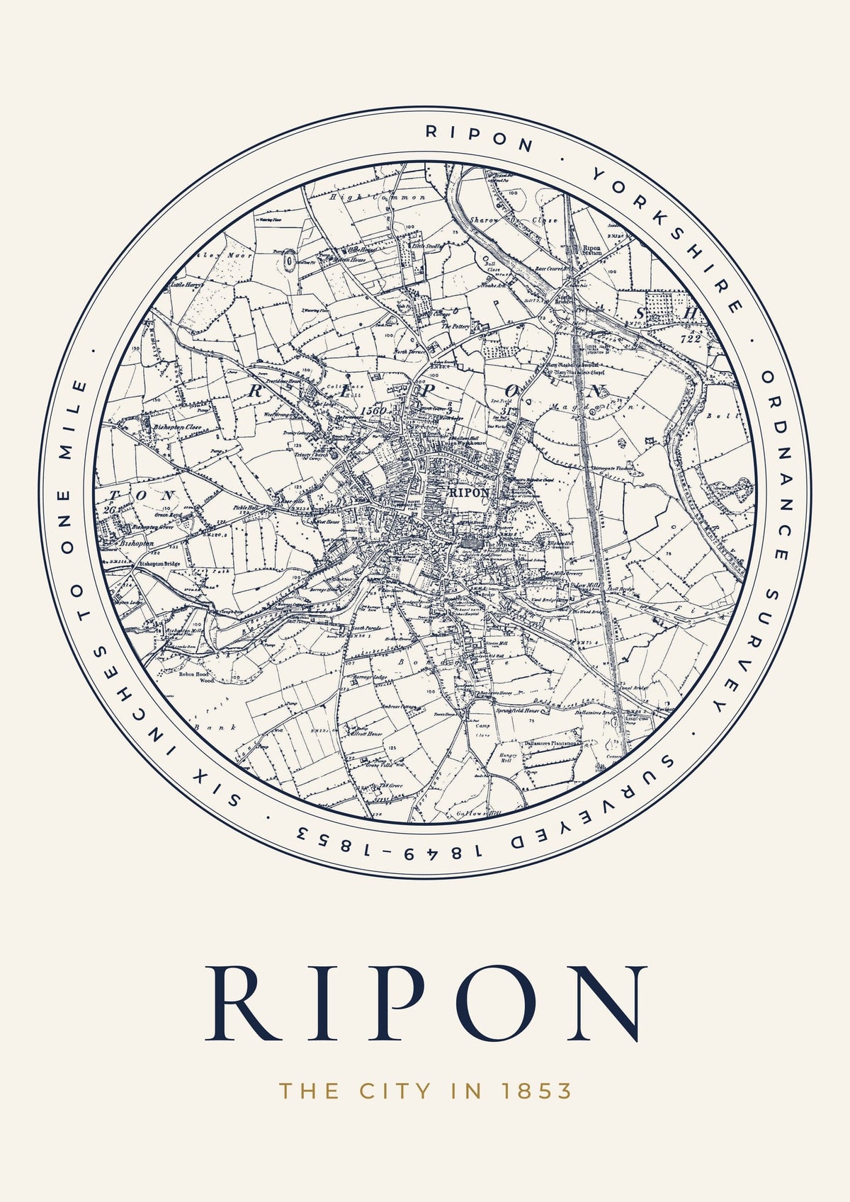 Ripon old Ordnance Survey map print, surveyed 1849–1853, Roundel design