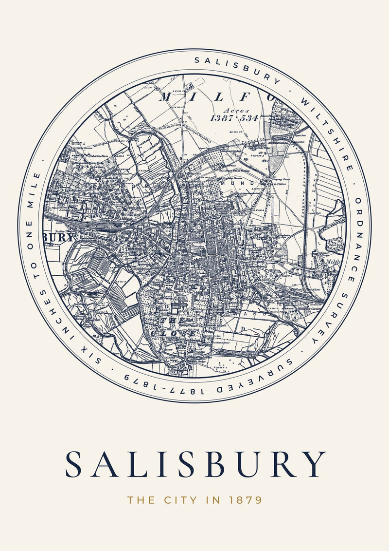 Salisbury in 1879 Old Map Print — Roundel